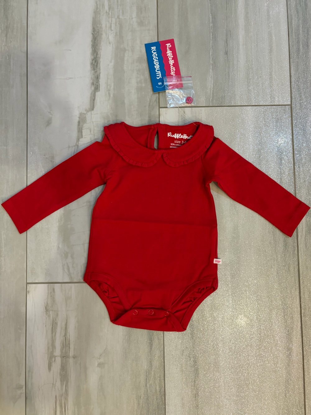 NWT RuffleButts Vibrant Red Long Sleeve Ruffled Peter Pan Collar Bodysuit 3-6M